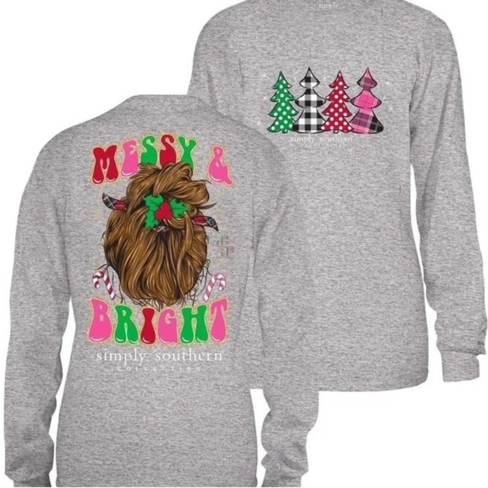 NWT Simply Southern Messy & Bright Christmas Tee Double Sided Shirt Women's XL